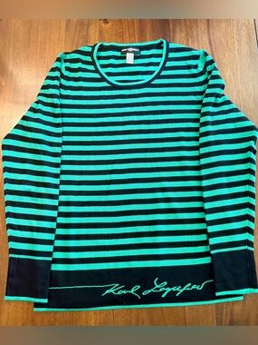 Karl Lagerfeld Black and Green Striped Long Sleeve Top
